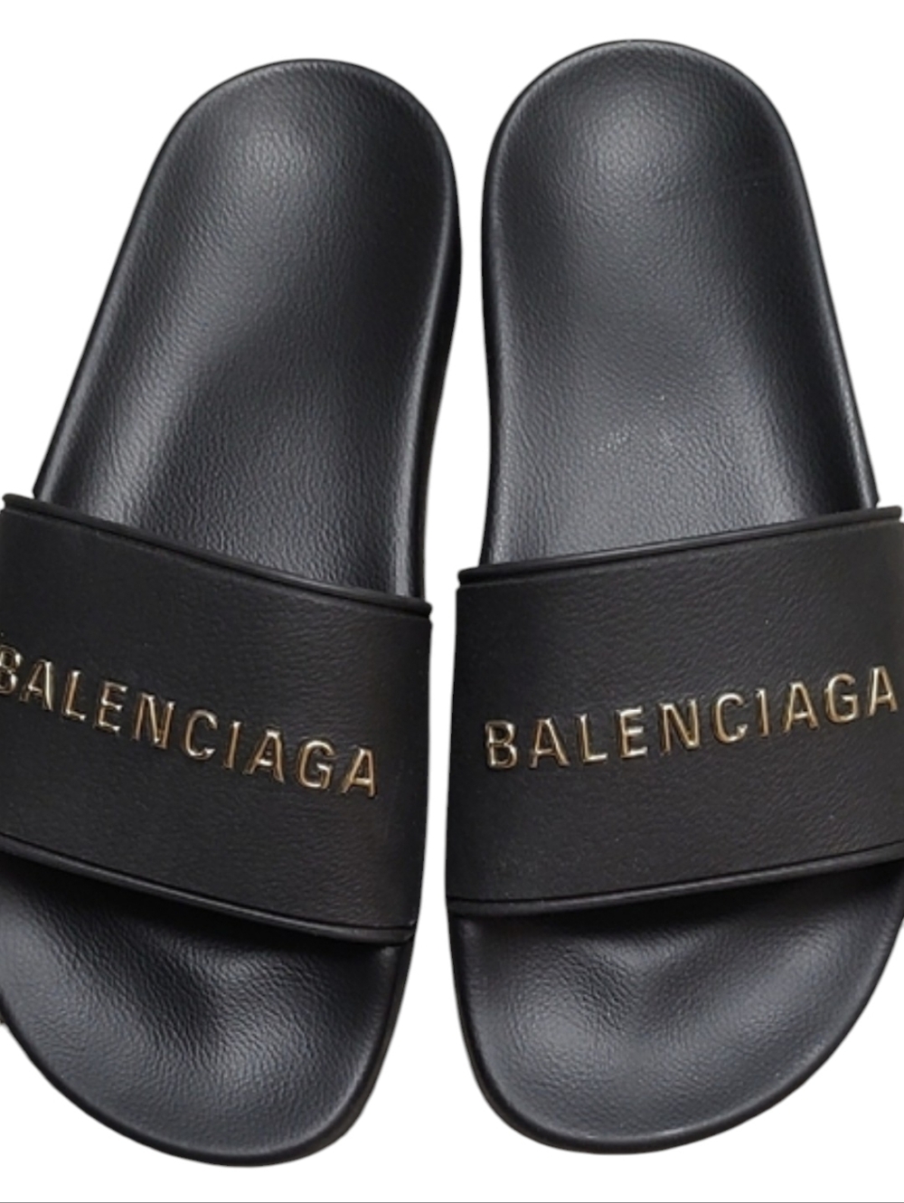 BALENCIAGA Black Pool Slides with Gold Logo